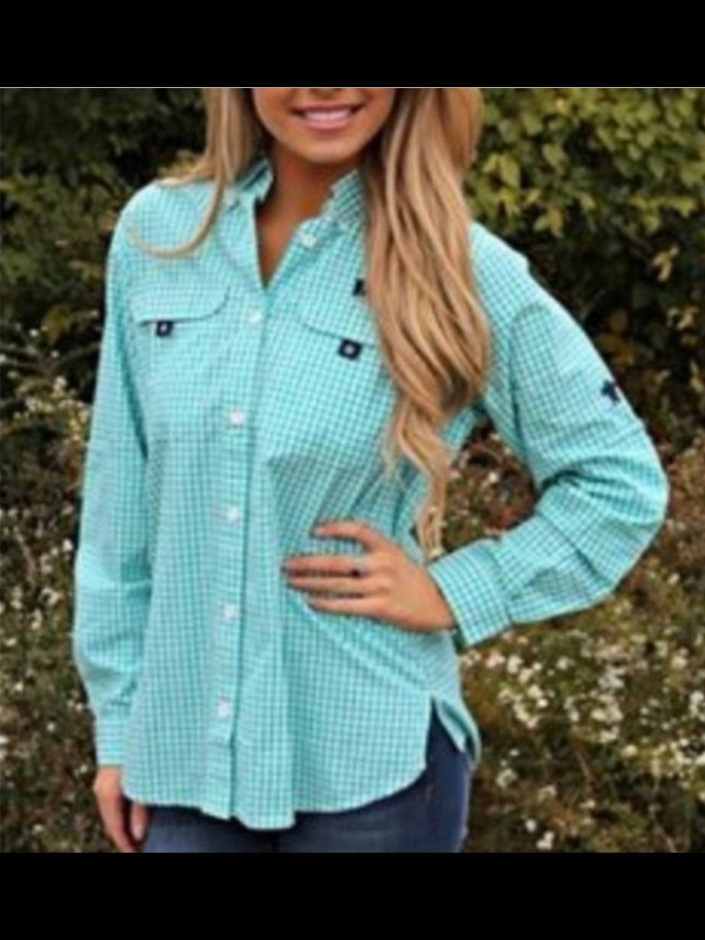 Simply Southern Aqua Gingham Button-Down Shirt Womens Long Roll Tab Sleeves XL